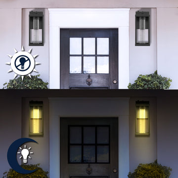 Juno 4.75" Industrial Vintage Iron/Glass Seeded Glass with Dusk-to-Dawn Sensor Integrated LED Outdoor Sconce - JONATHAN Y